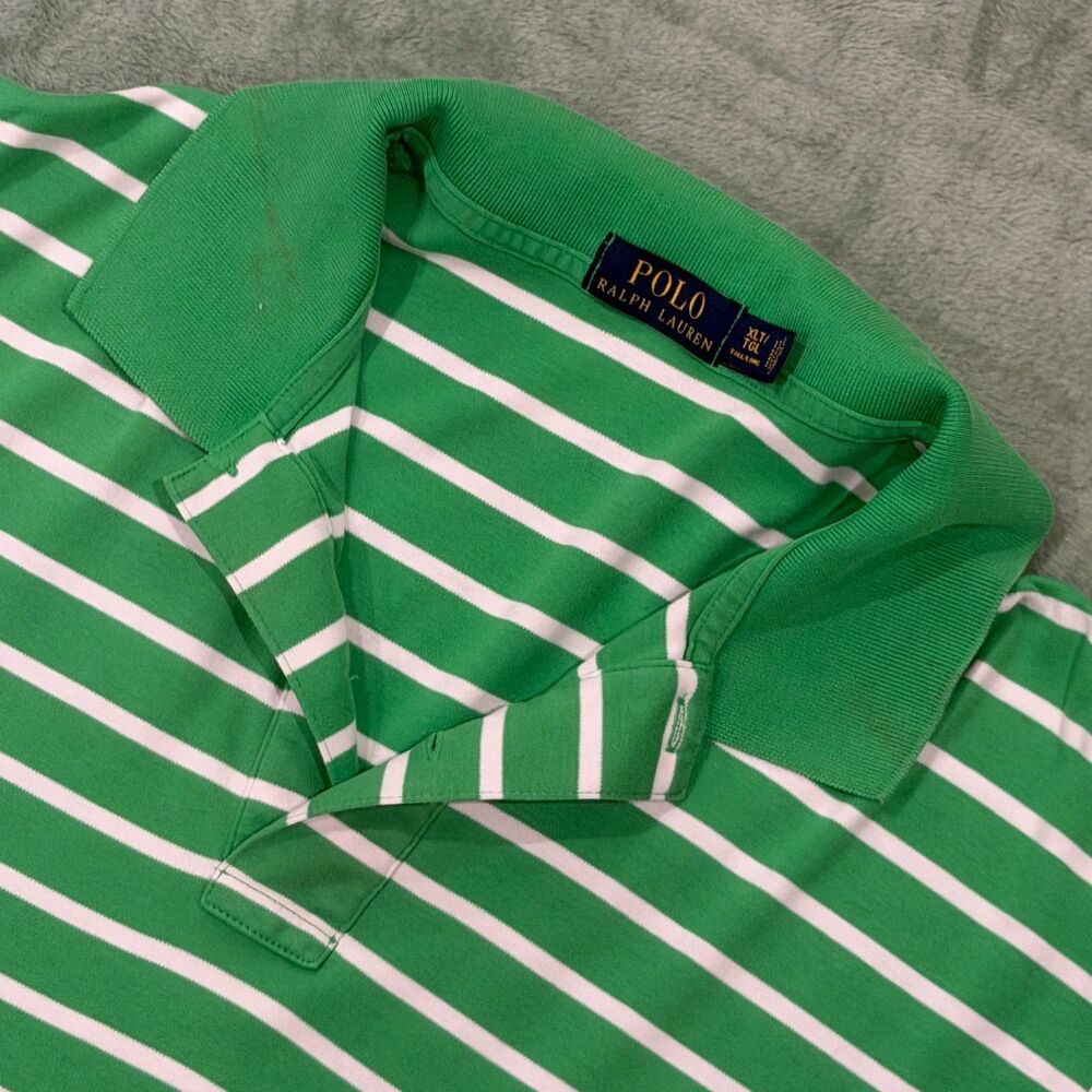 Polo Ralph Lauren Mens XLT Big Tall Green White Stripe Cotton Polo Shirt Pony
